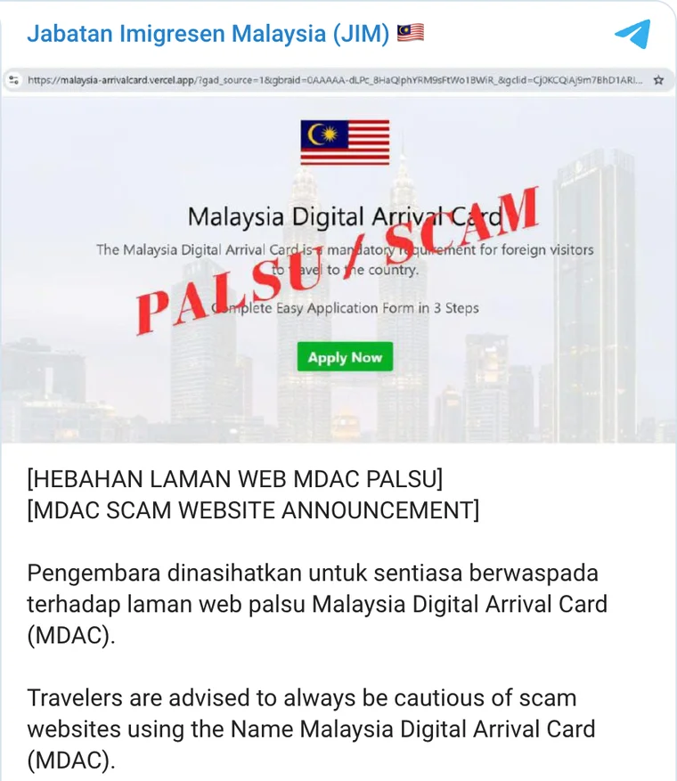 Mensaje del canal de Telegram del Departamento de Inmigración de Malasia con la captura de una web falsa de la MDAC marcada «PALSU / SCAM» y un aviso a los viajeros