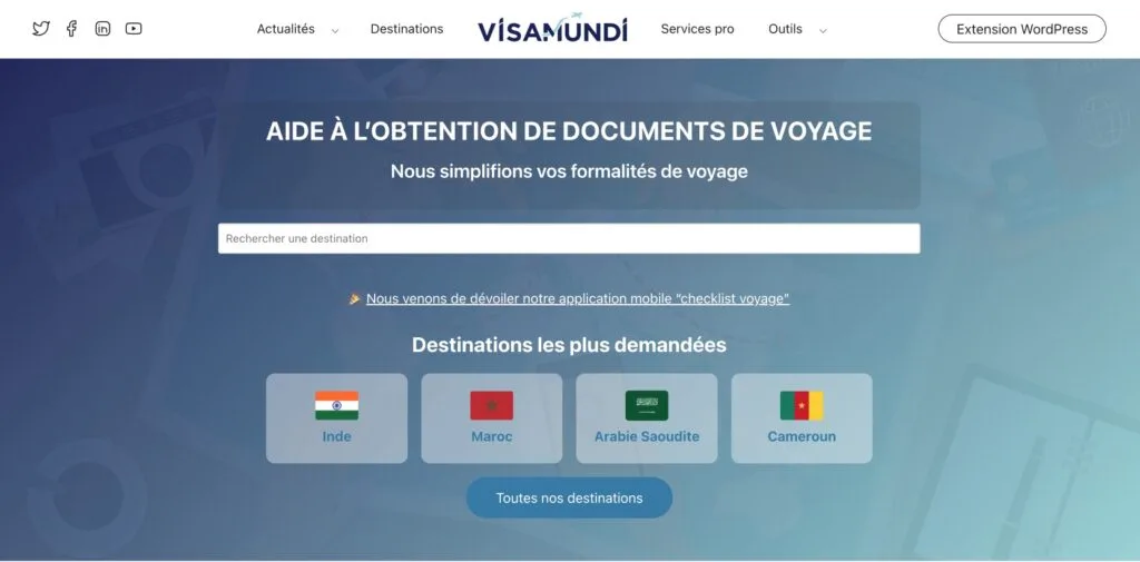 Page d’accueil de Visamundi avec un moteur de recherche par destination