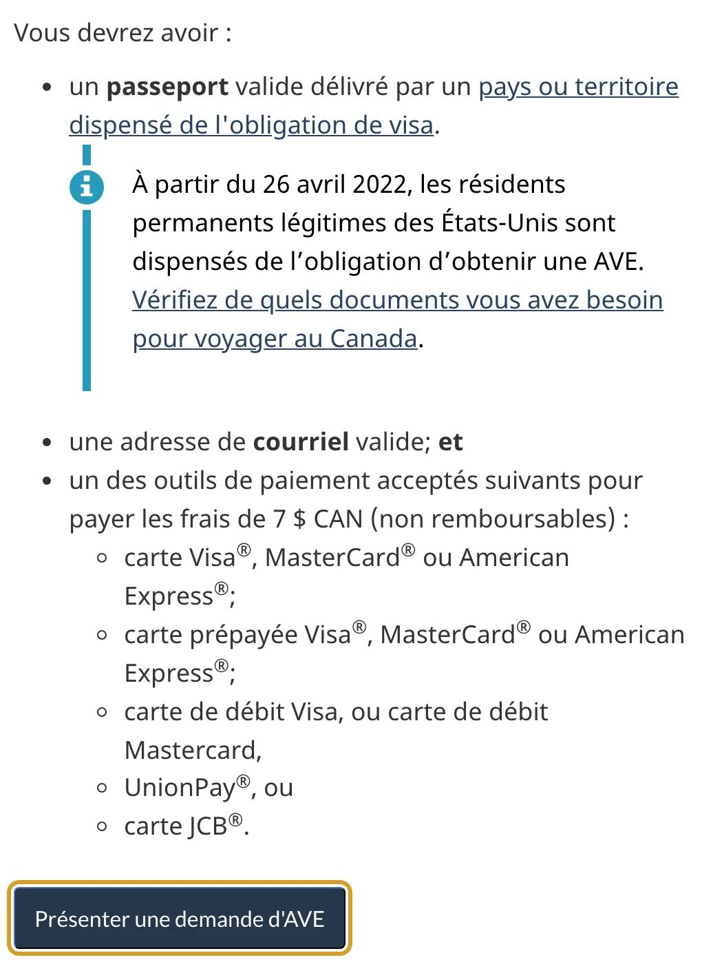 Page officielle de l’AVE sur canada.ca : ce qu’il faut avoir, cartes acceptées et bouton Présenter une demande d’AVE