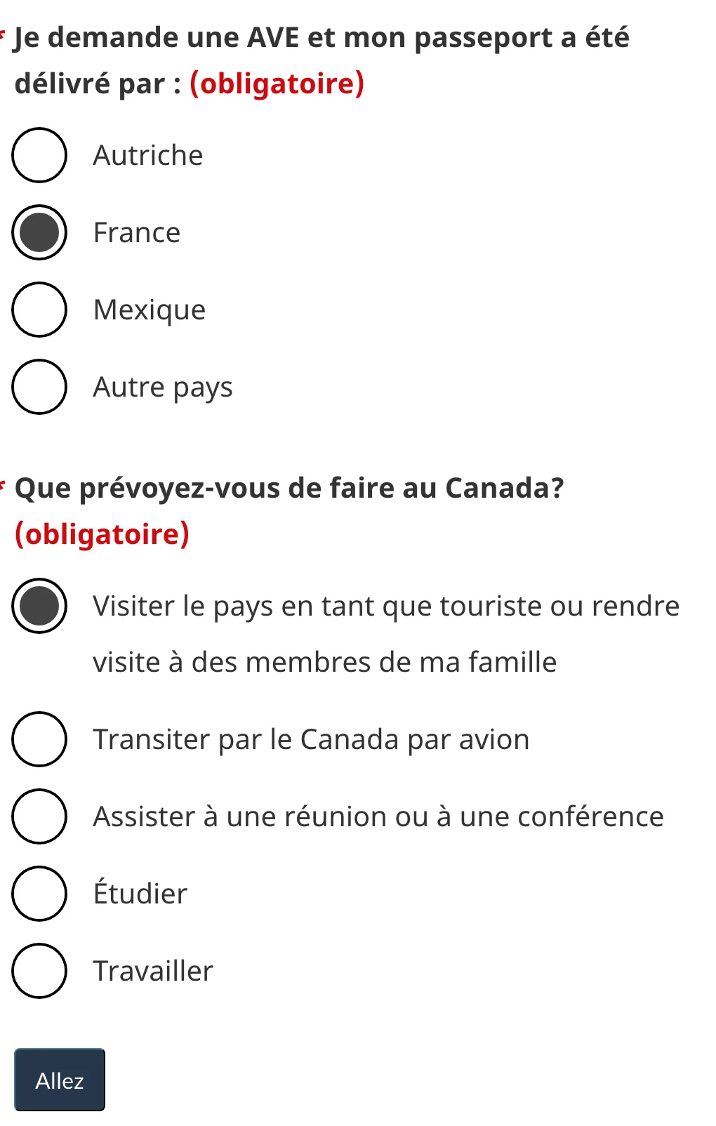 Derniers conseils : France et Visiter le pays en tant que touriste cochés, bouton Allez