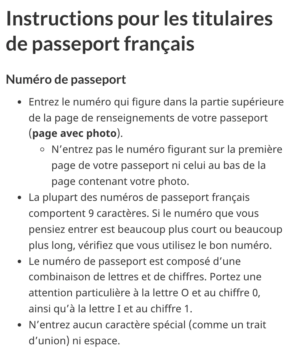 Instructions pour les titulaires de passeport français : numéro en haut de la page avec photo, 9 caractères, sans espace ni trait d’union