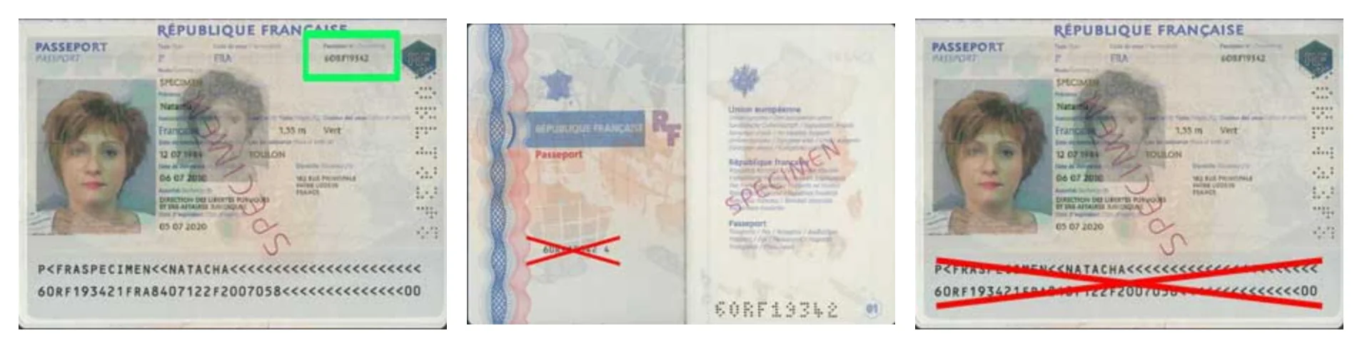 Passeport français spécimen : le numéro en haut de la page avec photo est encadré en vert, celui de la première page et la bande de lecture sont barrés en rouge