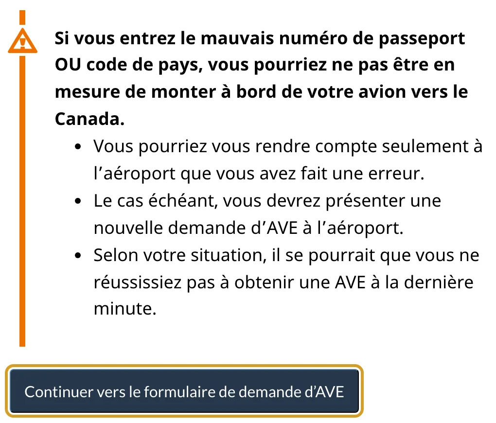Avertissement sur le numéro de passeport et le code de pays, et bouton Continuer vers le formulaire de demande d’AVE