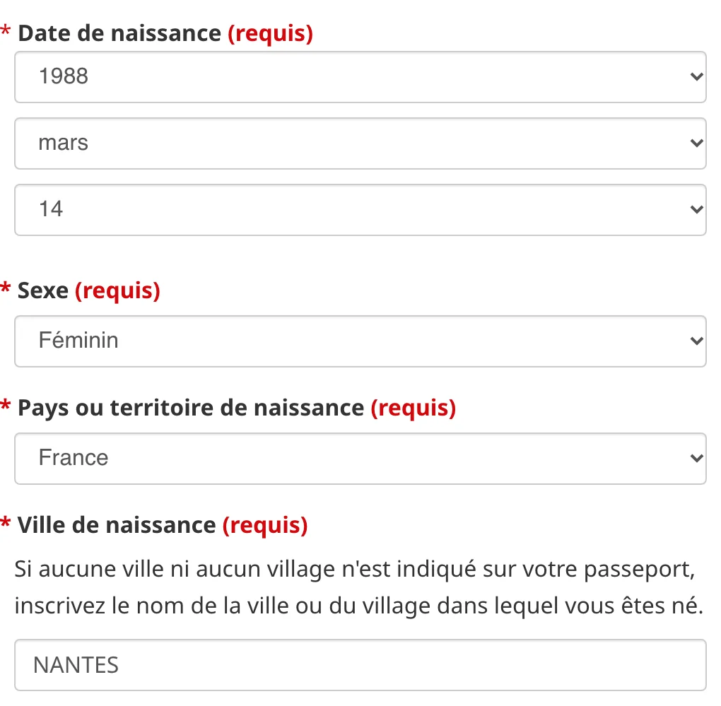 Date de naissance, sexe, pays et ville de naissance