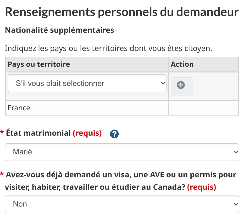 Nationalités supplémentaires avec France dans le tableau, état matrimonial et question sur les demandes précédentes