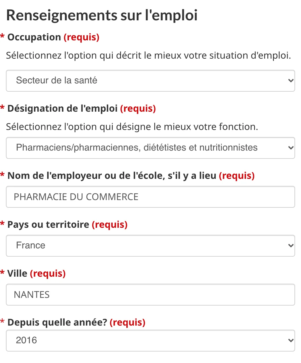 Occupation Secteur de la santé, désignation Pharmaciens, employeur, pays, ville et année