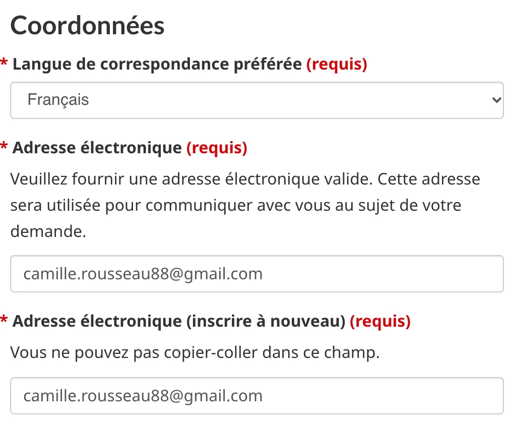 Langue de correspondance Français et adresse électronique saisie deux fois