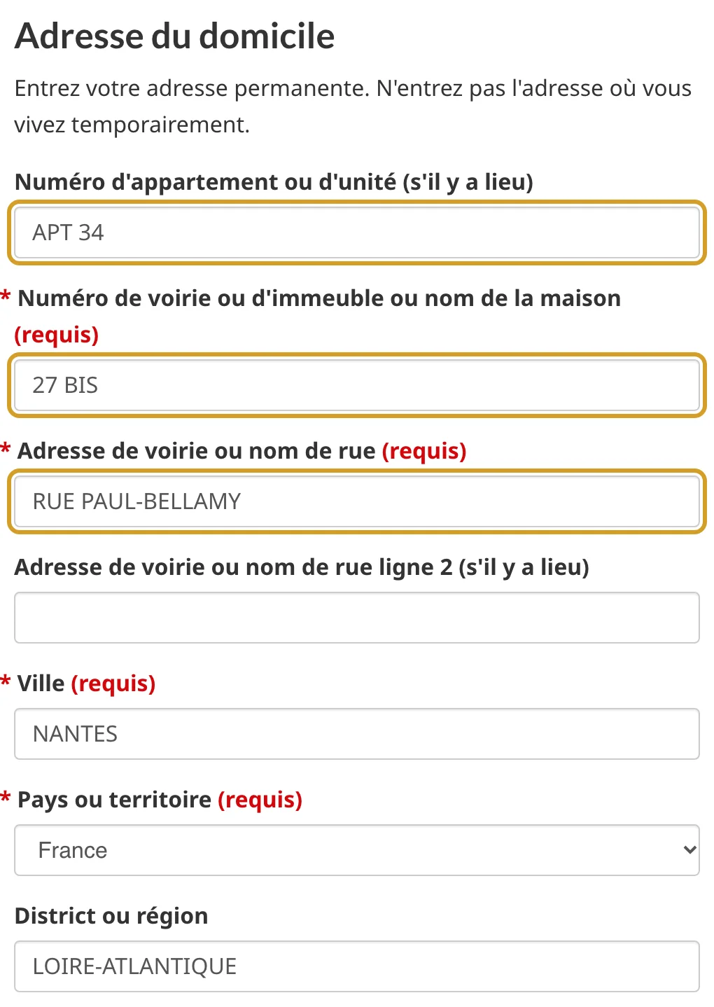 Adresse du domicile : appartement, numéro 27 BIS, rue Paul-Bellamy, Nantes, France, Loire-Atlantique
