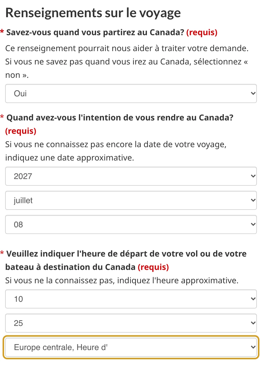 Date et heure de départ du vol avec le fuseau Europe centrale, Heure d’