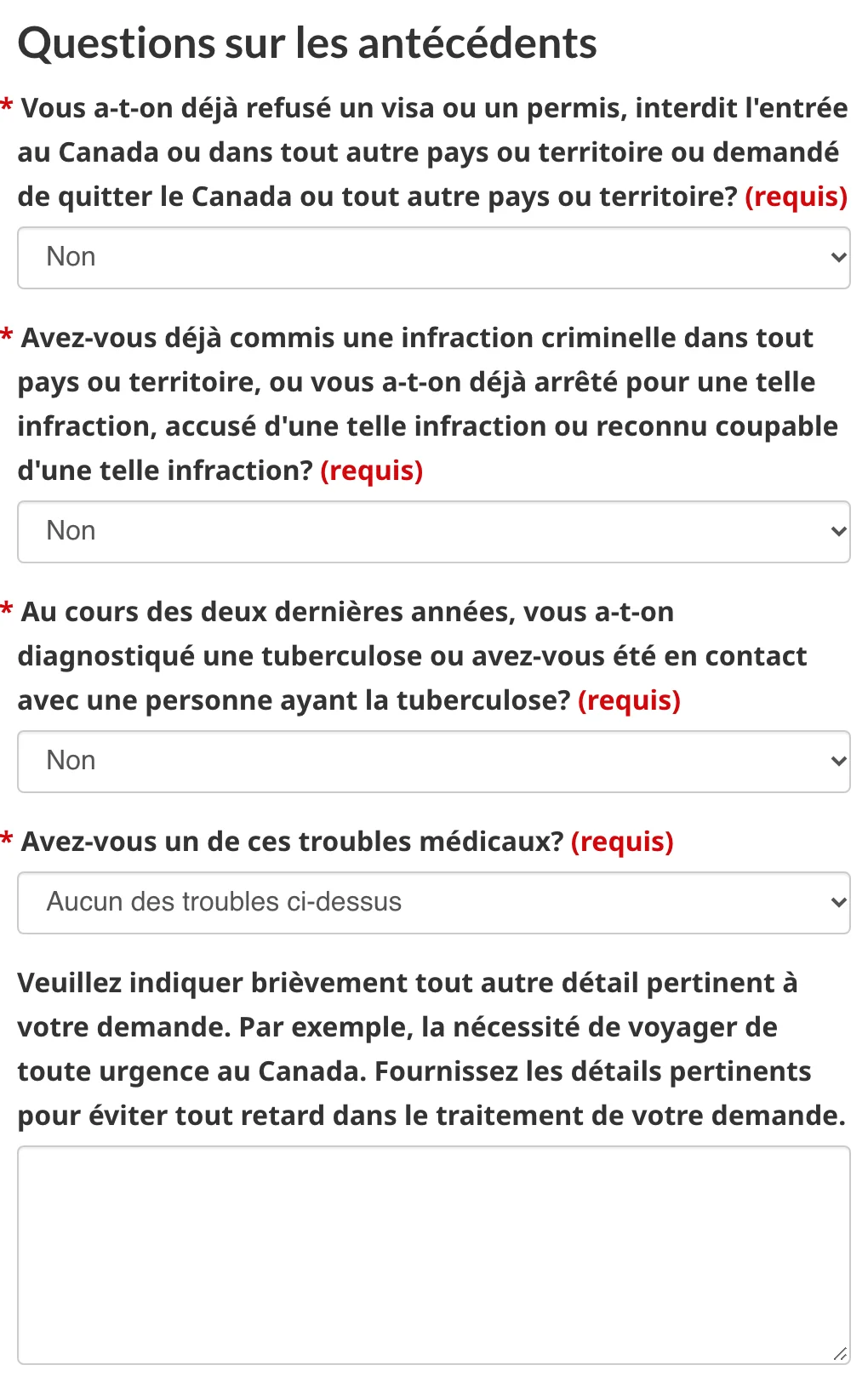 Questions sur les antécédents avec Non et Aucun des troubles ci-dessus