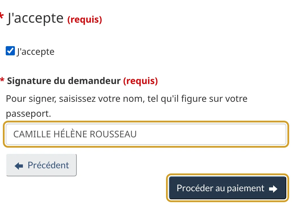 Case J’accepte, signature CAMILLE HÉLÈNE ROUSSEAU et bouton Procéder au paiement