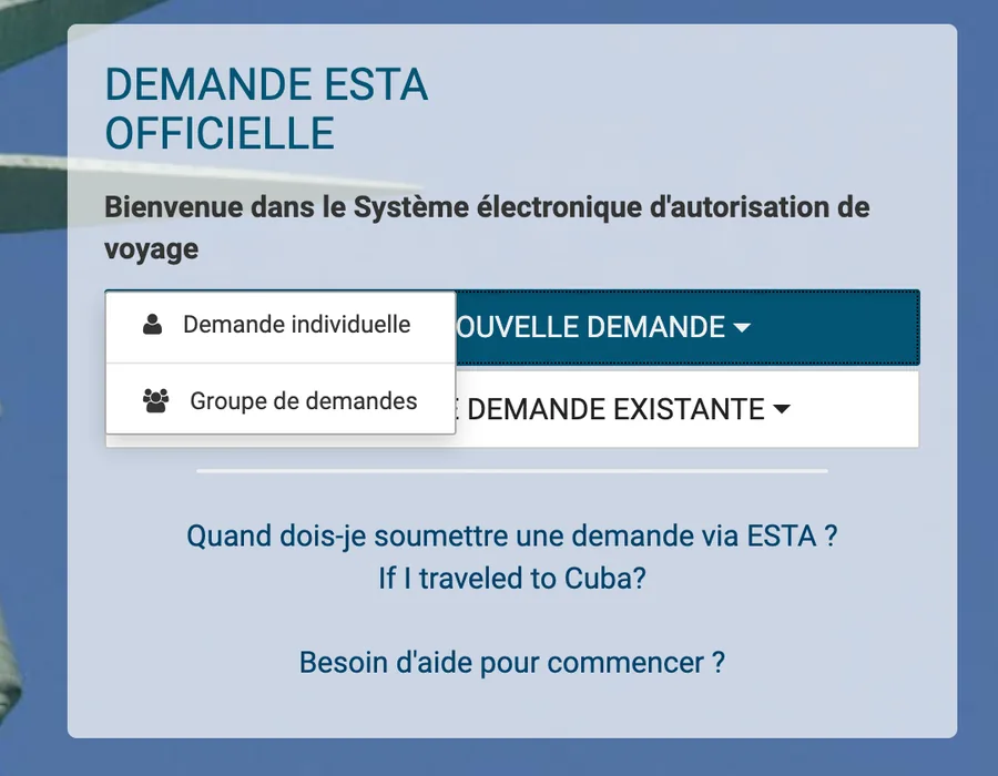 Menu Créer une nouvelle demande avec les options Demande individuelle et Groupe de demandes