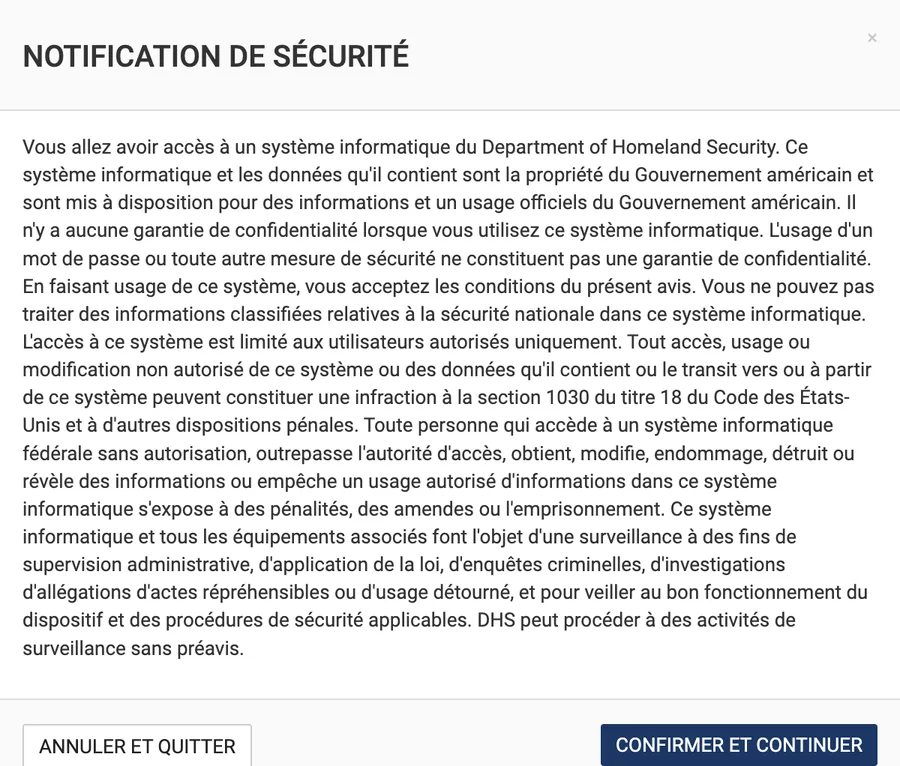 Notification de sécurité du Department of Homeland Security avec les boutons Annuler et quitter et Confirmer et continuer