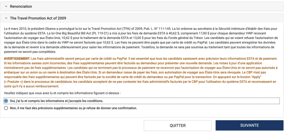 Texte de la Travel Promotion Act avec le détail des frais de 40,62 dollars et la case Oui, j’ai lu et compris cochée