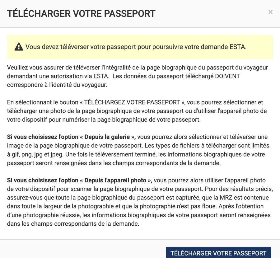 Fenêtre Télécharger votre passeport : vous devez téléverser votre passeport pour poursuivre votre demande ESTA