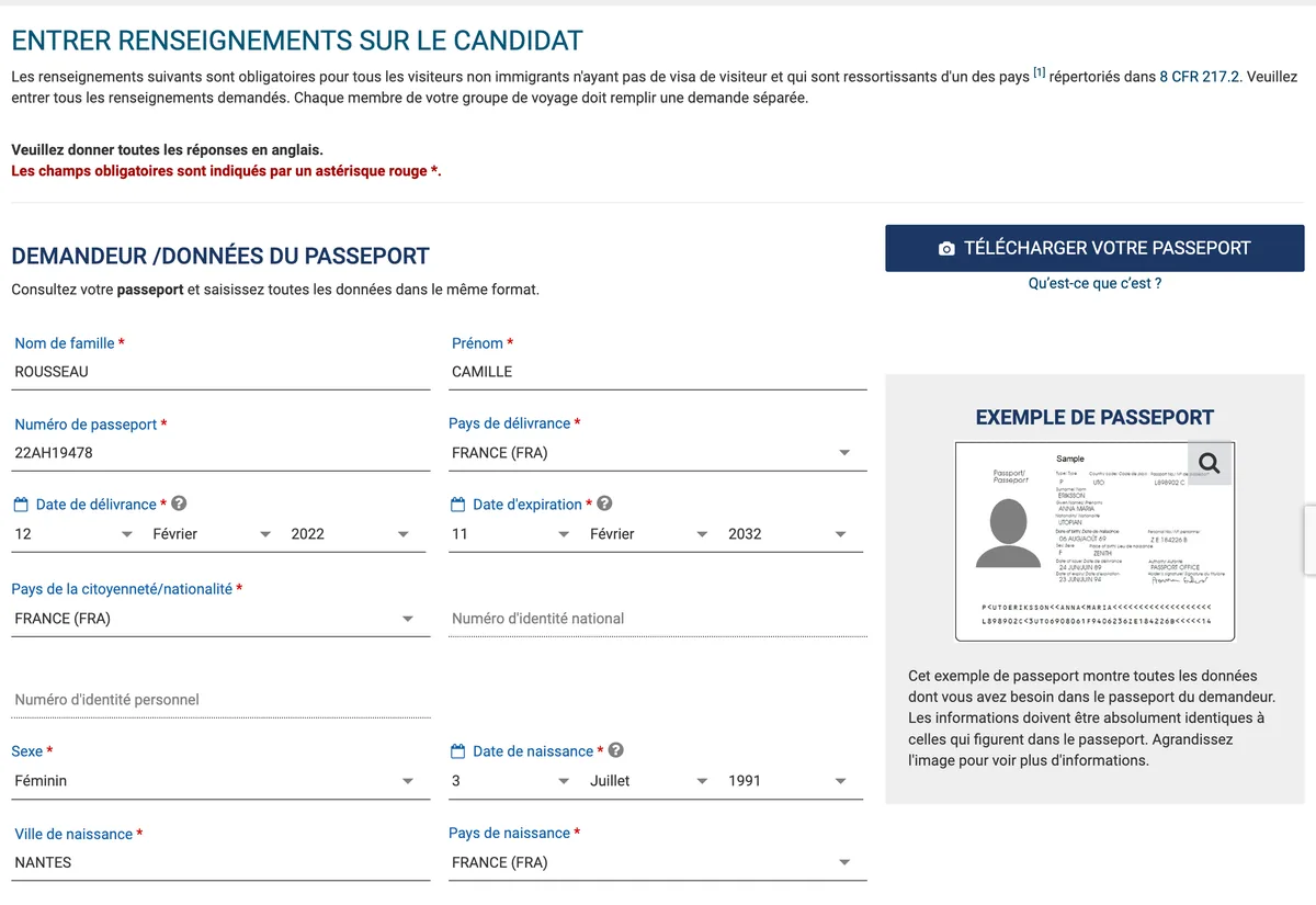 Données du demandeur et du passeport remplies : nom, prénom, numéro de passeport, pays de délivrance, dates, nationalité, sexe, date et lieu de naissance ; le numéro d’identité national est grisé