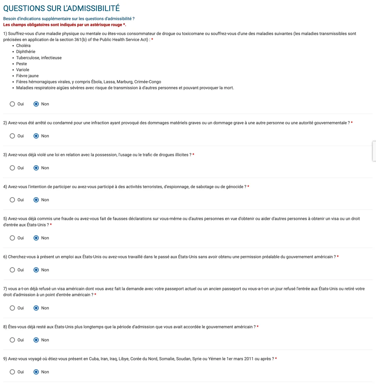 Les neuf questions d’admissibilité de l’ESTA, toutes avec la réponse Non