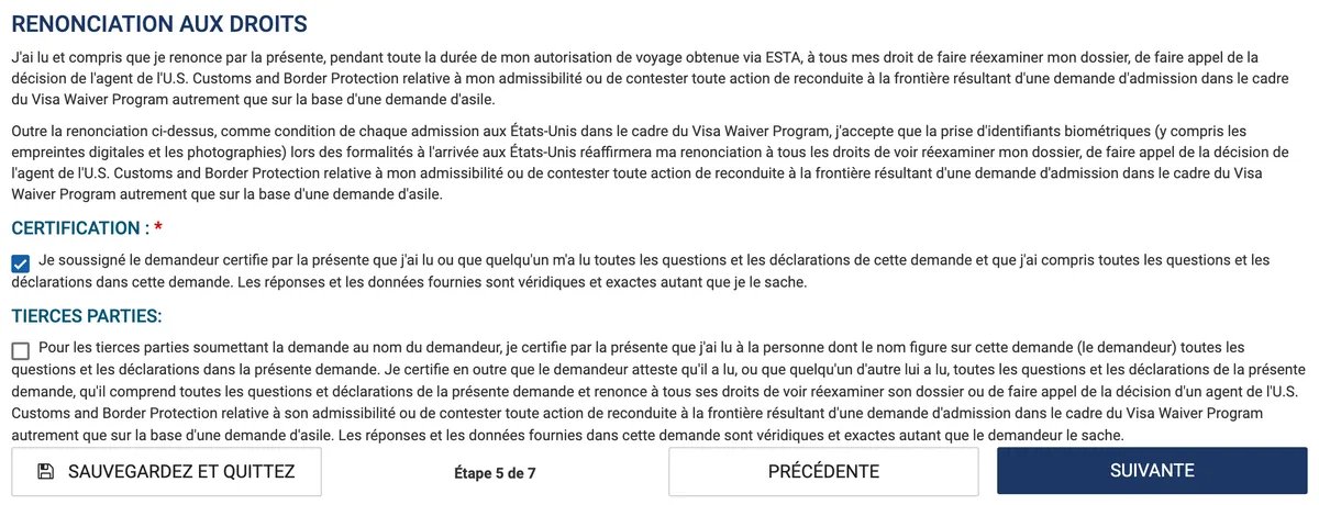 Renonciation aux droits, certification du demandeur cochée et case tierces parties