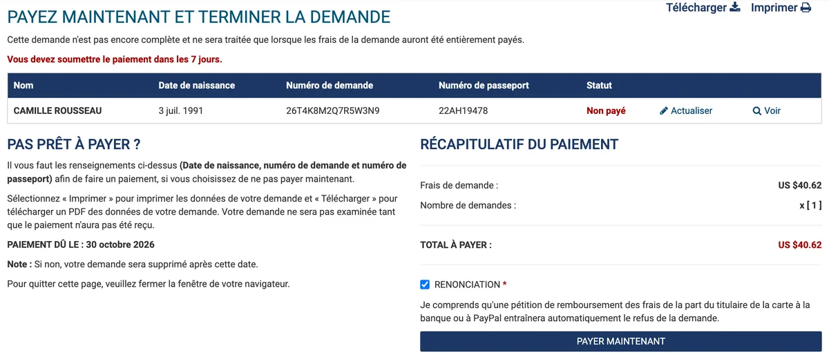 Écran Payez maintenant et terminer la demande avec les frais de 40,62 dollars, une demande et la case renonciation cochée (recréé avec des données d’exemple)