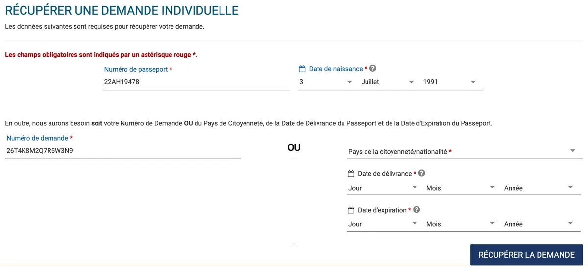 Écran Récupérer une demande individuelle avec le numéro de passeport, la date de naissance et le numéro de demande