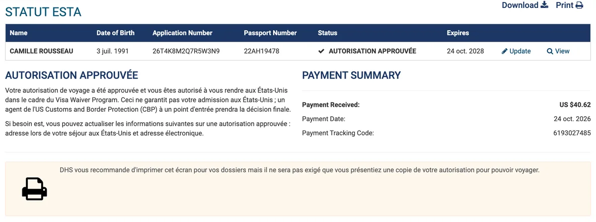 Statut ESTA avec Autorisation approuvée, date d’expiration et récapitulatif du paiement de 40,62 dollars (recréé avec des données d’exemple)