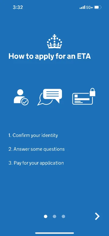 Écran d’accueil de l’application officielle « UK ETA »