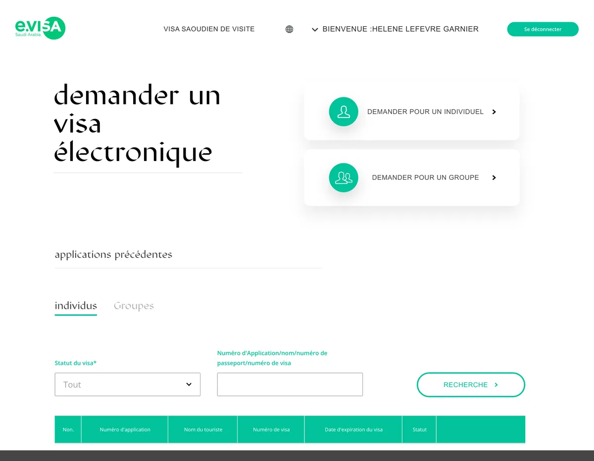 Tableau de bord de l’eVisa avec les demandes individuelle et de groupe et la liste des demandes précédentes