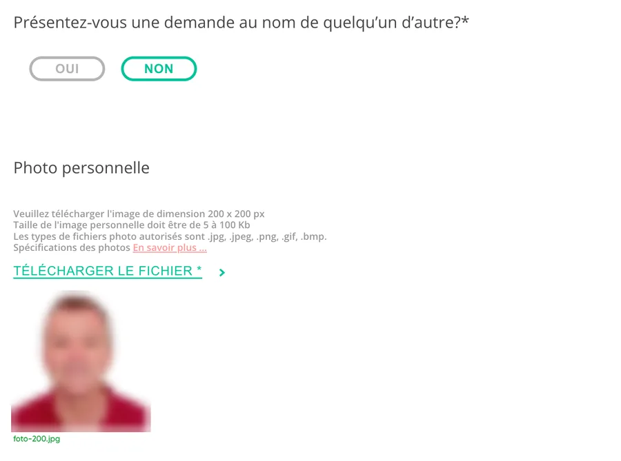 Question sur la demande au nom d’un tiers et photo personnelle téléchargée (floutée)