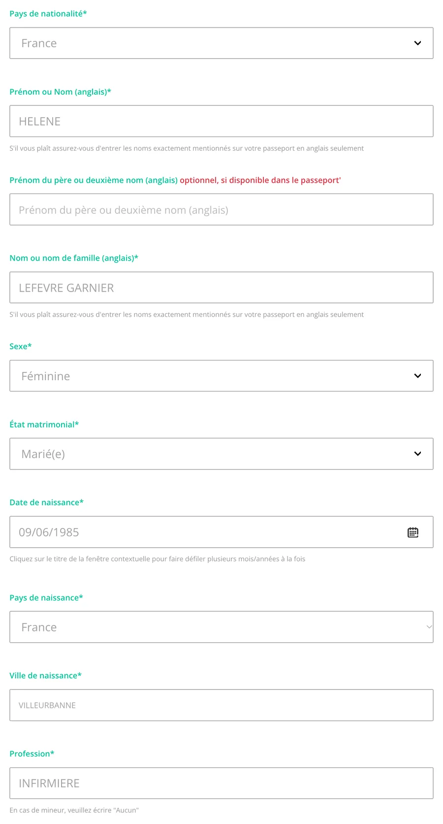 Prénom, nom, sexe, état matrimonial, date, pays et ville de naissance et profession