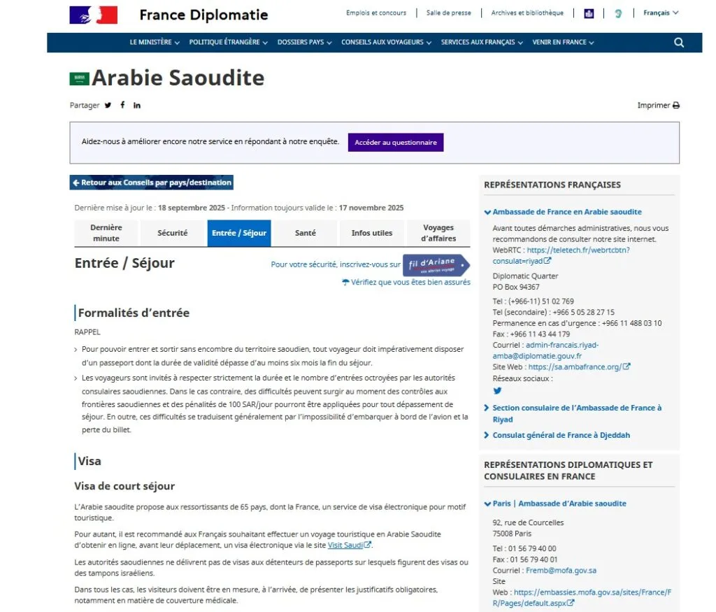 Fiche Conseils aux voyageurs pour l’Arabie saoudite, onglet Entrée / Séjour, avec la rubrique Visa et les représentations diplomatiques en France