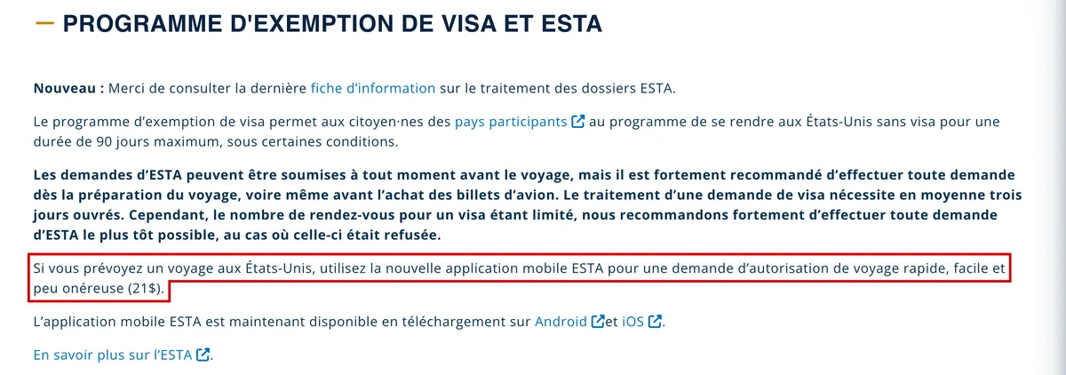 Page ESTA du site de l’ambassade des États-Unis en France : utilisez l’application mobile ESTA pour une demande rapide, facile et peu onéreuse (21$)