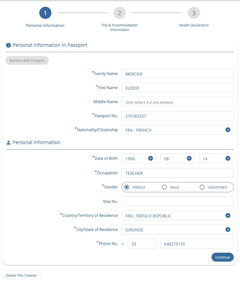 Premier écran de la TDAC rempli avec des données d’exemple : nom, prénom, passeport, nationalité, date de naissance, profession, sexe, résidence et téléphone