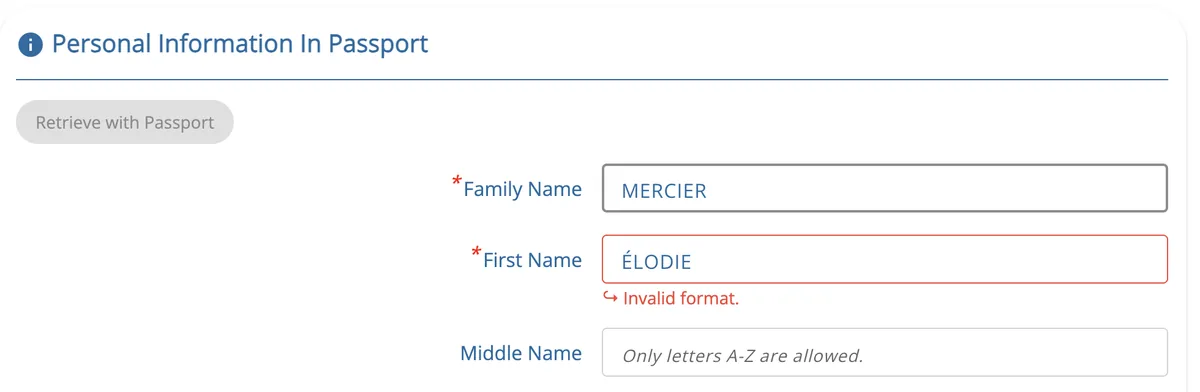 Le champ du prénom avec ÉLODIE souligné en rouge et l’erreur Invalid format
