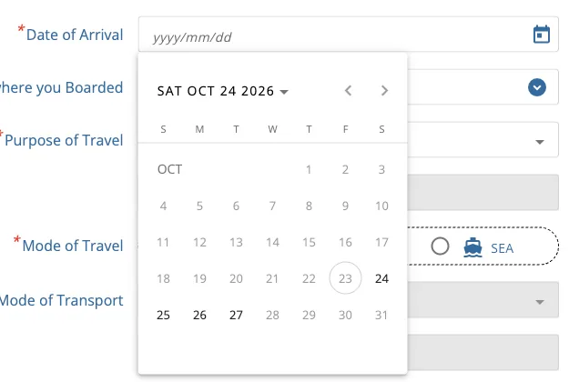 Calendrier de la date d’arrivée avec seulement les jours du 24 au 27 octobre disponibles