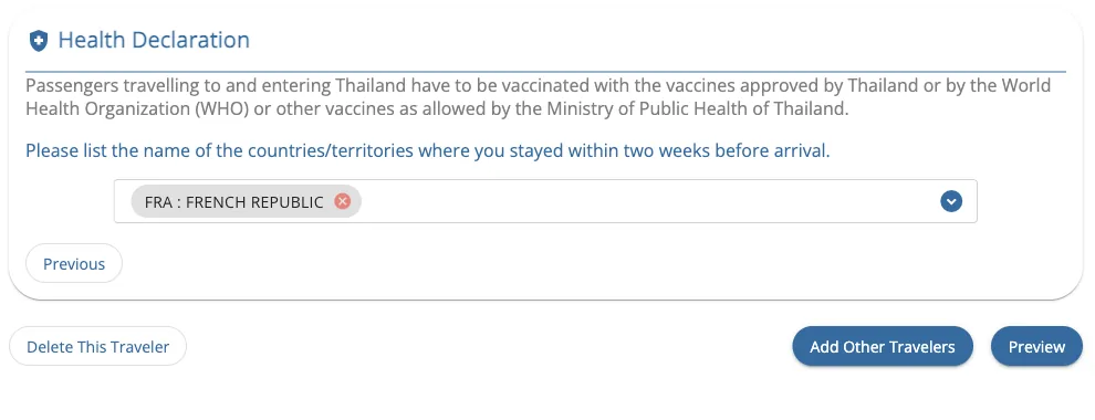 Déclaration de santé avec la France comme seul pays et les boutons Add Other Travelers et Preview