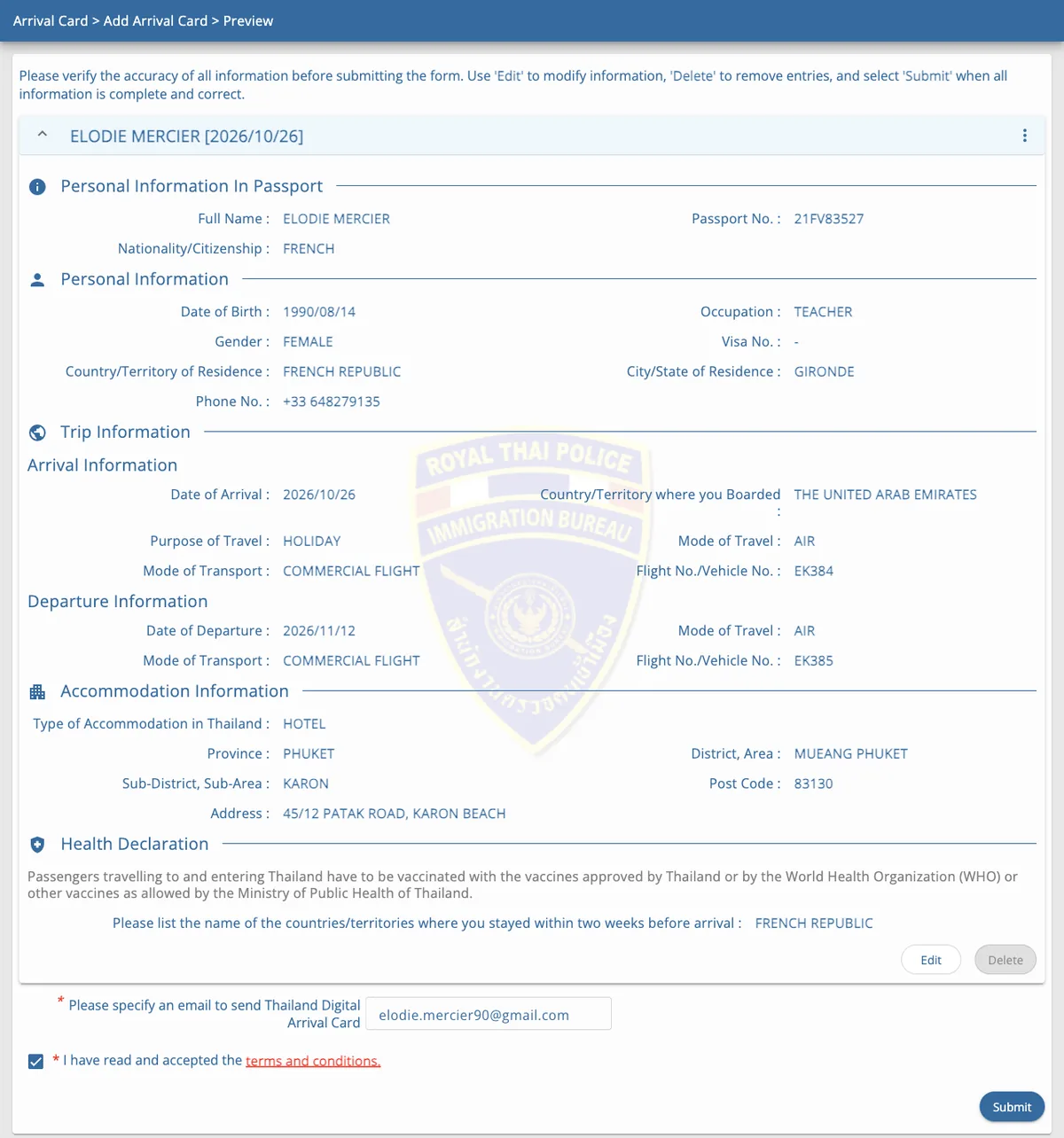 Aperçu de la TDAC avec toutes les données d’exemple, l’adresse e-mail, la case des conditions cochée et le bouton Submit